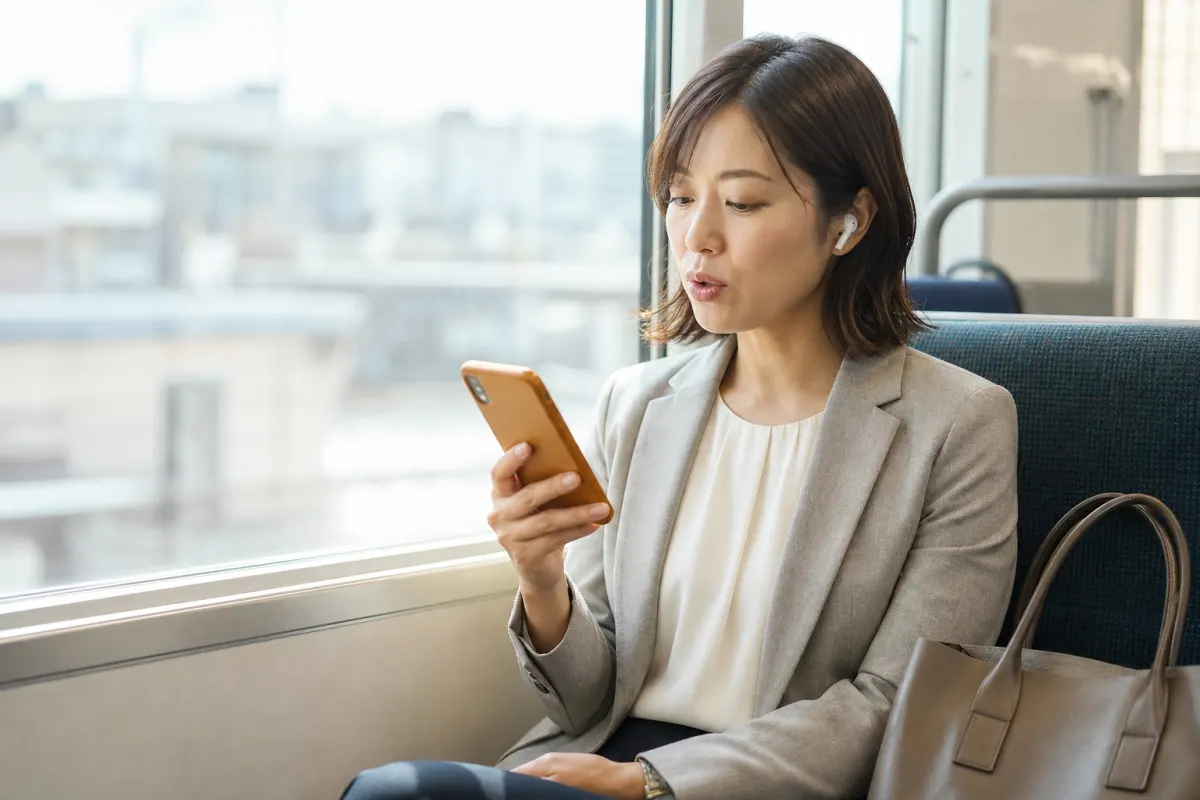 通勤中の電車内で英語のシャドーイングに取り組むビジネスパーソン